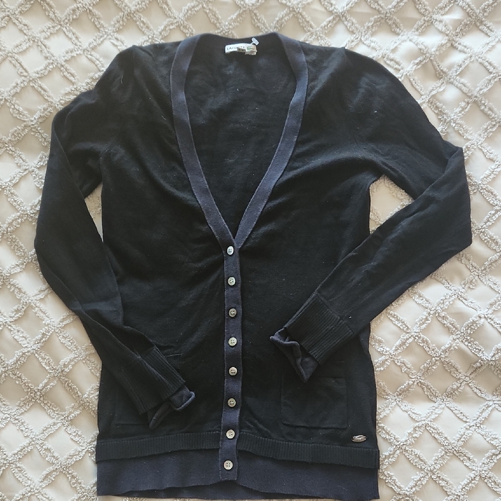 Lacoste Cashmere Blend Cardigan Button Down Black & Blue Sizs 34